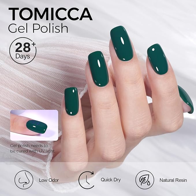 TOMICCA Green Gel Nail Polish, Forest Green Color Gel Polish, Soak Off UV LED Cure Nail Polish, Nail Art Manicure Salon DIY at Home Present for Women