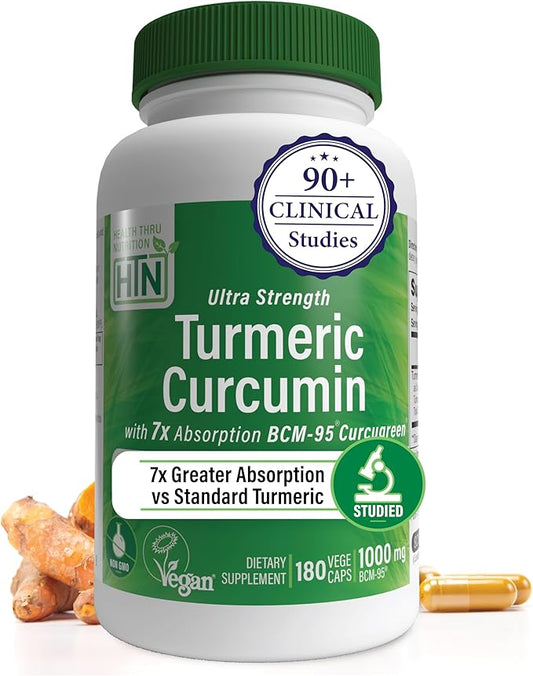Health Thru Nutrition Turmeric Curcumin Complex 1000mg Supplement | as BCM-95 Curcugreen Clinically Studied | Vegan Certified (Pack of 180)