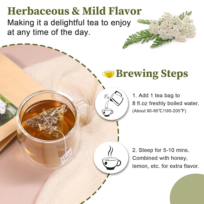 FullChea - Yarrow Tea Bags, 50 Count, 2g/bag - Premium Yarrow Herb - Non-GMO - Caffeine-free - Aid Digestion & Boost Immunity