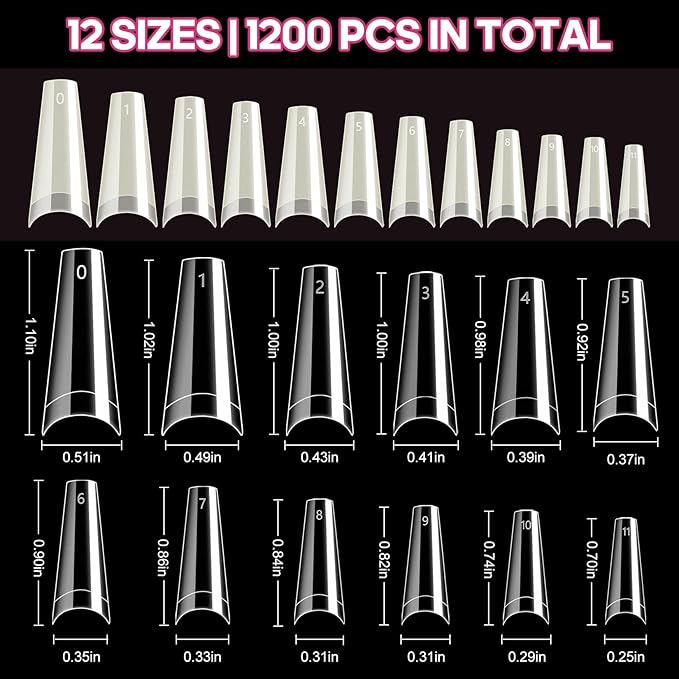 krofaue 1200PCS Coffin Nail Tips - Half Cover Nail Tips 12 Size False Nail Tips for Acrylic Nails Professional Manicure with Box for Artificial Fake Nail Tip Art Salon Home (Clear & Natural)