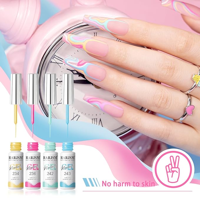 RARJSM Gel Liner Nail Art 12 Colors Set Pink Purple White Green Yellow Blue Gelpolish Art Liners for Nails 5ml Summer Shades Striping Gel Nail Polish Thin Swirl Brush Soak off Curing Need