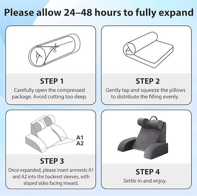 Reading Pillow for Sitting in Bed Adult, Back Pillow for Bed Sitting up, Backrest Pillow with Arms, Back Support Pillows for Gaming Lounging Watching TV, Large 21" Grey
