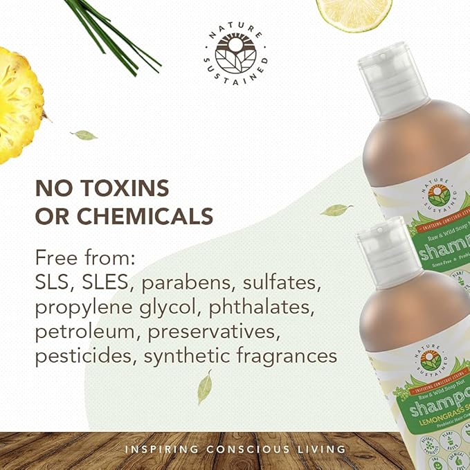 Nature Sustained Organic Shampoo - Raw & Wildcrafted with Probiotics, Hypoallergenic Natural & Sulfate Free Shampoo for Sensitive Scalp, Dry Hair, Dandruff, Gallon, Lemongrass