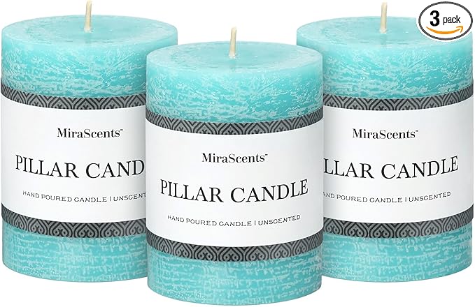 3x4 Inch Turquoise Pillar Candles Set of 3 - Unscented Candles, Long Clean Burning, Large Big Candles, Smokeless Dripless Pillar Candles for Dinner Table, Wedding, Home, Bathroom, Rustic Decor