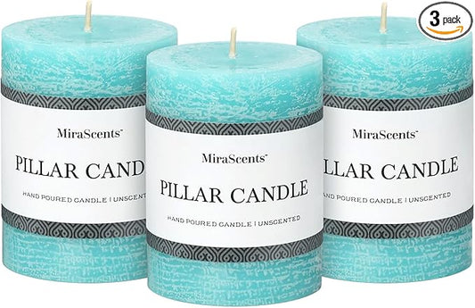 3x4 Inch Turquoise Pillar Candles Set of 3 - Unscented Candles, Long Clean Burning, Large Big Candles, Smokeless Dripless Pillar Candles for Dinner Table, Wedding, Home, Bathroom, Rustic Decor