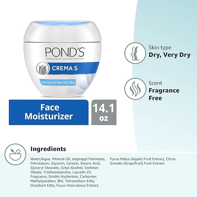 Pond's Crema S Nourishing Face Moisturizer for Women, Skin Care Facial Moisturizer Cream for Dry to Very Dry Skin, Nourishes for up to 24 hours 14.1 oz (Pack of 2)