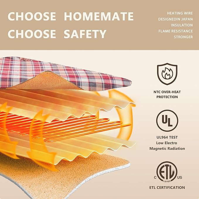 Homemate Electric Blanket Heated Throw - 50x60 Ultra Soft Cozy Flannel Heating Blanket with 10 Fast Heat Levels 8 Hours Auto Off Over-Heated Protection ETL Certification Keep Warm in Home Office