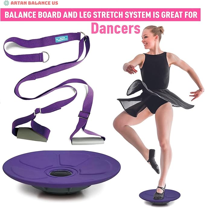 Dance, Cheerleading and Figureskating Trainer Stretching and Balance, 2 Pc. Set, Stretching, Disc Core Board and Flexibility Equipment Strap for Dance, Gymnastics, Turning, Stunt