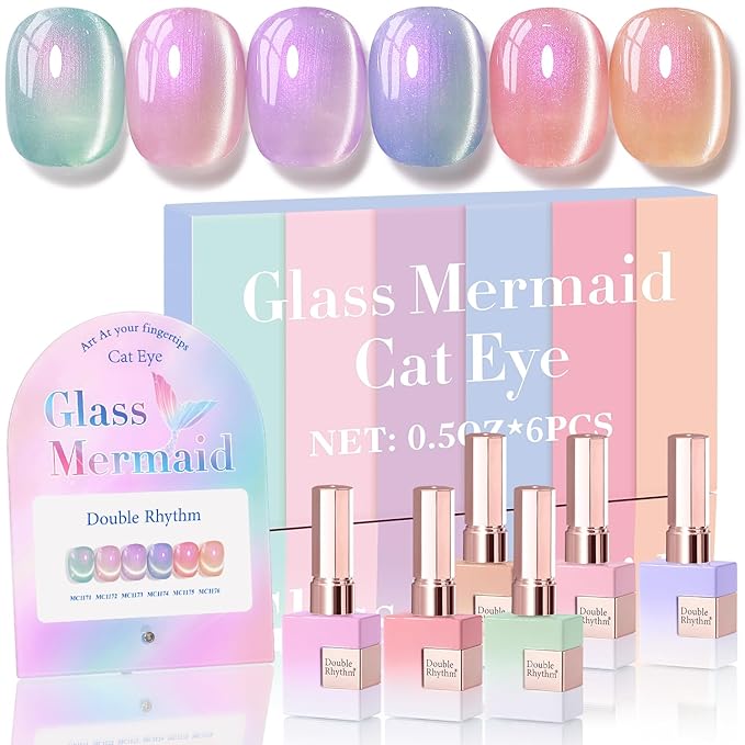 Double Rhythm Cat Eye Gel Nail Polish Set of 6 Same Color Same Bottle 0.5 Oz Shimmer Glitter with Magnet Holographic Reflective Magnetic UV Nail Polish Kit at Home (Mermaid Pink Rose-T6-31)