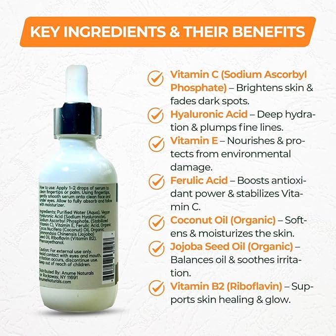 Vitamin C Serum For Face With Hyaluronic Acid, Vitamin E & Ferulic Acid - Brightening & Anti-Aging Formula for Glowing Skin - Hydrates, Evens Tone & Reduces Fine Lines - 60ml