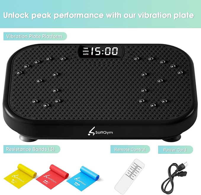 SoftGym Vibration Plate Exercise Machine for Lymphatic Drainage,Power Vibrate Stand Shake Board 450 Lbs Capacity Whole Body Workout Waver with Fitness Resistance Bands Weight Loss Gifts for Women Men