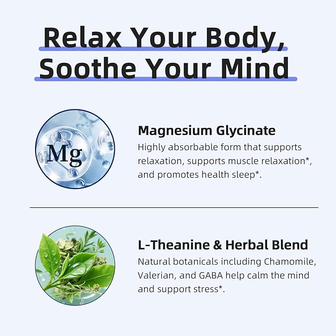 Magnesium Glycinate 850mg Capsules with L-Theanine, Chamomile & GABA for Sleep, Calmness, Muscle, Bone Health & Immune Support, Magnesium for Women and Men, Vegan, High-Absorption, 120 Count