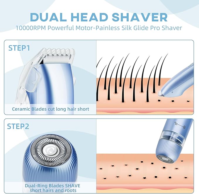 Bikini Trimmer for Women,Dual Head Shaver, IPX7 Waterproof, Compact Travel Design Bikini Shaver for Public Hair, Facial and Body(Blue)