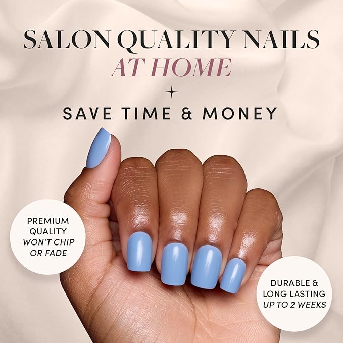 Glamnetic Press On Nails - Cashmere Blue | Opaque Soft Pale Sky Blue Short Squoval Fake Nails, Salon Quality | 15 Sizes - 30 Nail Kit
