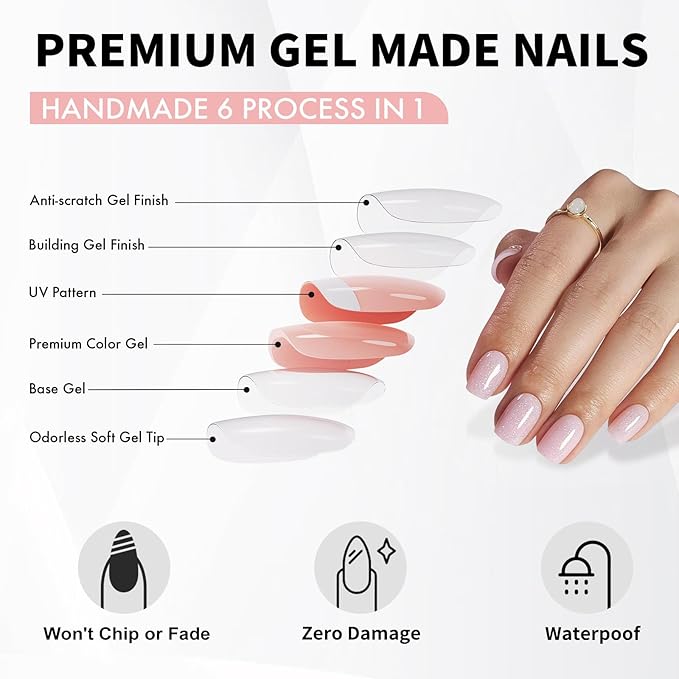 Press on Nails Square - Soft Gel Pink Press on Nails Short for Women Gift, Fit Perfectly & Natural Stick on Nails with Glue in 16 Sizes - 32 Reusable Fake Nails, Shimmering Pink