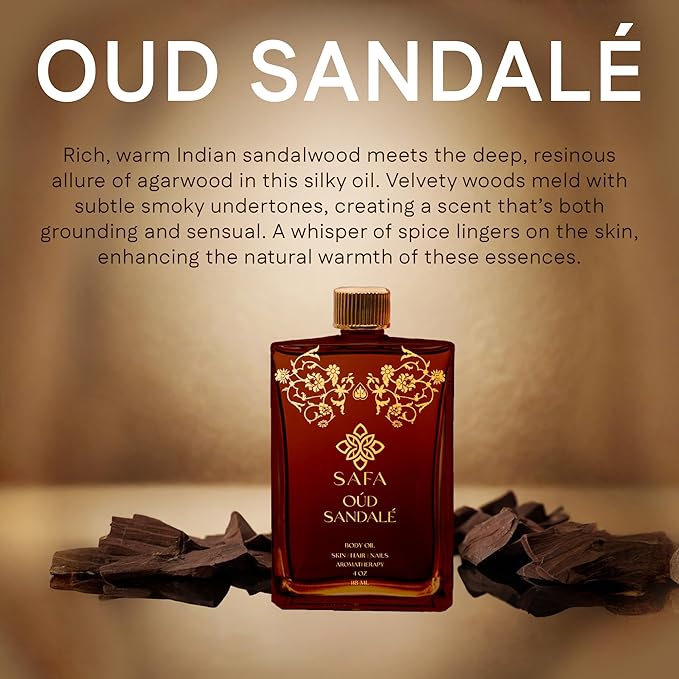 SAFA Oud Sandalé Oil – Organic Oud & Sandalwood Essential Oil for Hair, Body, Face & Nails – Arabian Perfume Oil for Women & Men - Strong & Long Lasting Fragrance 4 Fl Oz