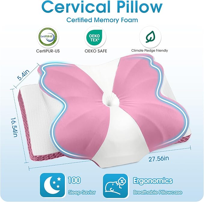 CloudBliss Cervical Memory Foam Pillow for Neck and Shoulder, Contour Neck Support Pillow with Cooling Case, Ergonomic Bed Pillow, Support for Side Back Stomach Sleepers (Pink, King Size)