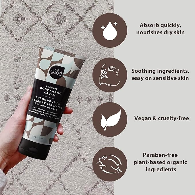 All Good Hand & Body Lotion - Moisturizing Organic Lotion for Dry Skin - Essential Oils, Cocoa Butter, Rosehip Oil, Arnica, Vitamin E - 6 fl oz (3-pack, Coconut, Lavender, Jasmine Rose)