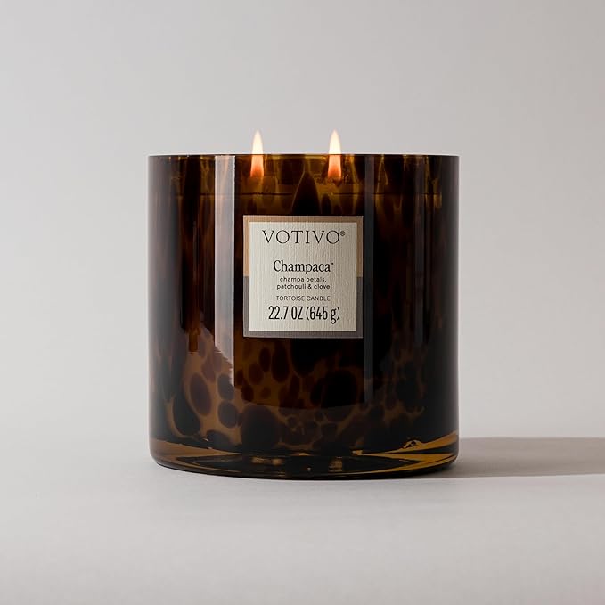 Votivo Champaca Tortoise Scented Candle | 22.7 oz Soy Wax Blend | Patchouli Scent | Decorative Home Decor Tortoiseshell Pattern | 100 Hour Burn Time