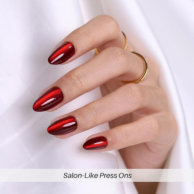 Dark Red Cat Eye Press on Nails Almond - Soft Gel Short Press on Nails for Women Gift, Glossy Glue on Nails in 16 Sizes - 32 Reusable Fake Nails with Glue, Wine