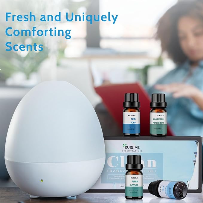 Essential Oils Set, Clean Scents Fragrance Oil Essential Oils for Diffuser Aromatherapy - Fresh Linen, Extra Clean, Warm Cotton, Soft Powder, Pure Soap, Eucalyptus Peppermint, 6x10ml
