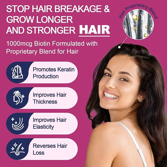 Biotin Gummies for Hair Skin and Nails -Hair Vitamins with Biotin, Zinc, Vitamin A, B6, B12, D3 & More - Support Healthy Skin, Hair Growth, Stronger Nails for Women and Men - 90 Blueberry Gummies