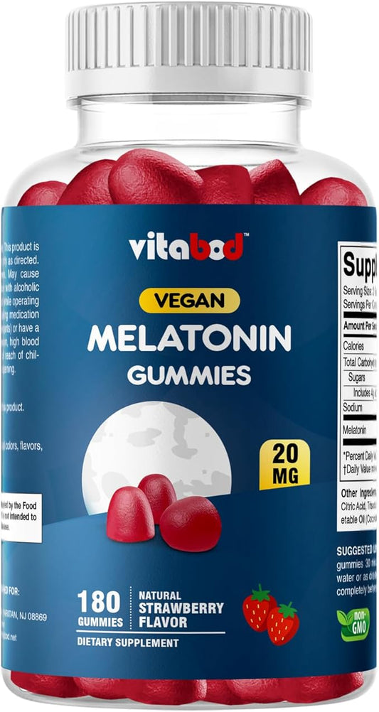 Melatonin 20mg Gummies - 180 Count - Drug Free - Natural Strawberry Flavor - Vegetarian, Non-GMO, Gluten Free (1 Bottles)