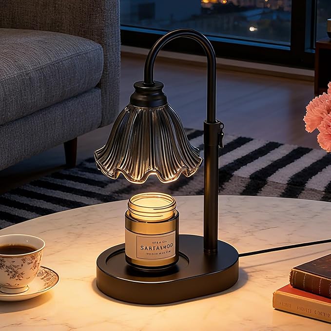 Candle Warmer Lamp with Adjustable Height - Flameless 4-Level Dimmable Wax Warmer with Colorful Glass Shade & Wooden Base, Timer Function & Stylish Design in Multiple Colors (Black 2)