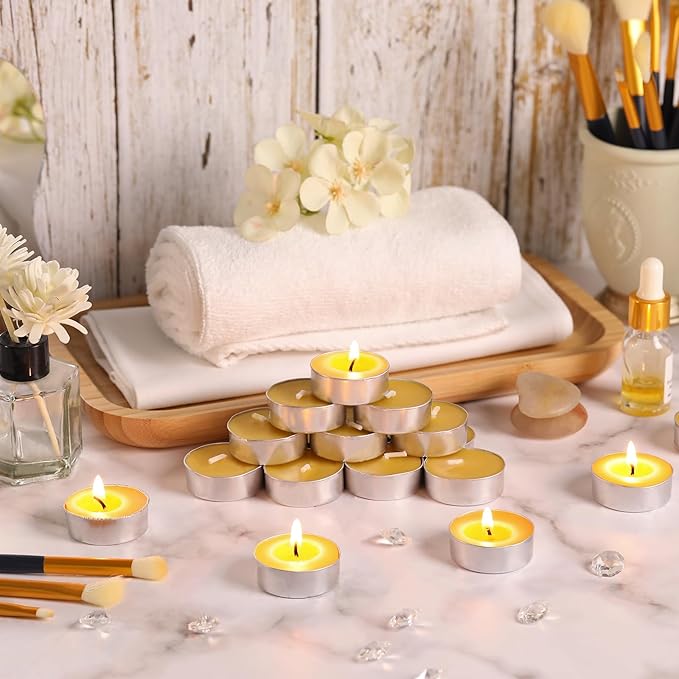 50 Packs Beeswax Tealight Candles, Pure Beeswax Tea Lights Candle, Natural Organic Tealights Candles Unscented Smokeless Clean Burning with 4 Hour Burn Time
