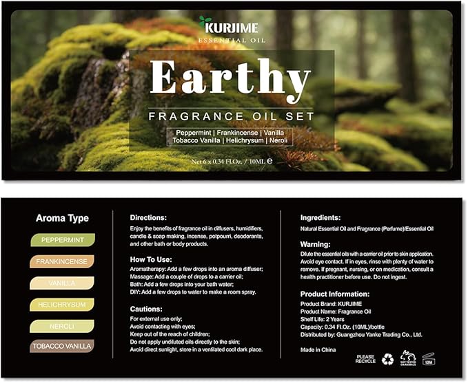 Essential Oil Set, Earthy Scents Fragrance Oil Essential Oils for Diffuser Oil Scents | Peppermint, Frankincense, Vanilla, Helichrysum, Neroli, Tobacco Vanilla Scented Oils, 6x10ml