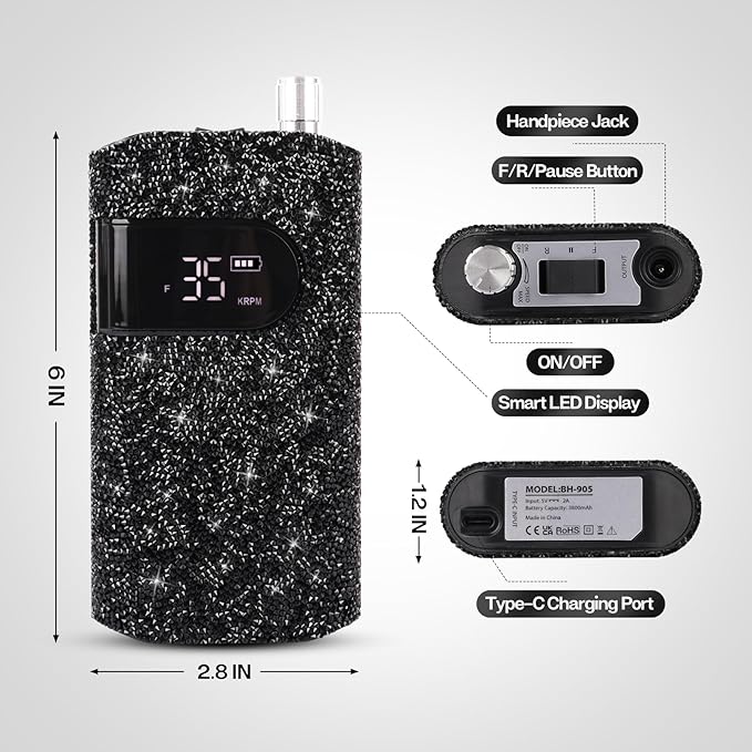 Lavinda Professional Electric Nail Drill Kit, 35000RPM Cordless Portable Machine for Acrylic Gel Nails, Rechargeable E File With Black Rhinestones, Manicure Tools (Black)