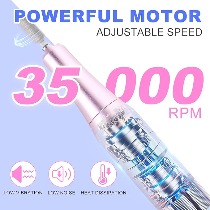 MEKK Nail Filer Electric Nail File,35000RPM Electric Nail Drill Kit with 12PCS Bits,Professional Anti-Shaking Cordless Nail Drill for Acrylic Nails,Home & Salon-Pink