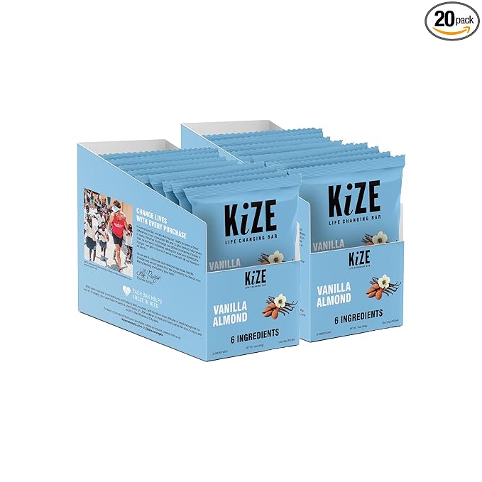 KiZE Energy Bars - Vanilla Almond - 20-Count - Gluten Free, Non-GMO, and High Protein Meal Replacement Energy Bars, Clean and Simple Food Ingredients - 10g High Protein Snacks (20 Count)