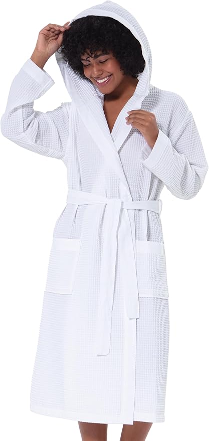 SEYANTE Women’s Luxury Waffle Shawl Collar, Hooded Robe w Piping – Lightweight, Long, Ultra Soft Spa Sleepwear Bathrobe