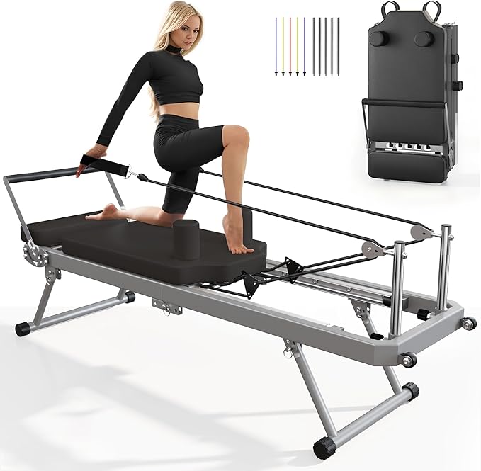 DlandHome Pilates Reformer, Foldable Pilates Reformer Machine with Springs & Resistance, Suitable for Advanced and Beginners Users Adjustable Pilates Equipment for Full-Body Home Workout Up to 330 lbs