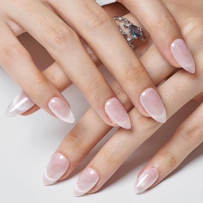 GLAMERMAID Nude Pink Cat Eyes French Tip Press on Nails Short Almond, Rainbow Magnet Handmade Gel Fake Nail Kit, Ombre Glitter Magnetic Glue on Nail Stiletto, Medium Oval Stick on False Nail for Women