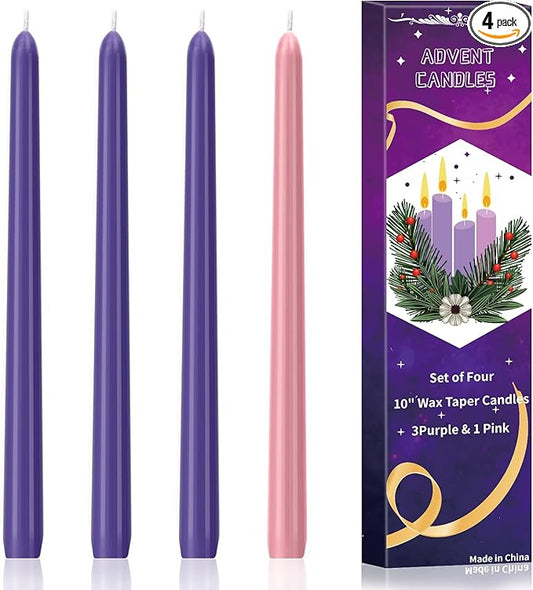 4 Pack Advent Taper Candles Premium Hand Dipped 10in Unscented Christmas Taper Candles - Ideal for Seasonal Celebrations, Holidays, Church, Celebration, Party