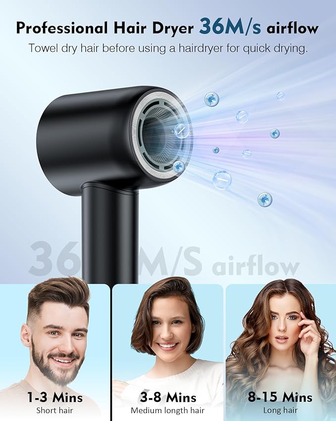 Hair Dryer,160000 RPM Brushless Motor Blow Dryer, 200 Million Negative Ionic, Low Noise Thermo-Control Professional Hair Dryer with Diffuser and Nozzle,Portable Hair Blow Dryer for Home Travel
