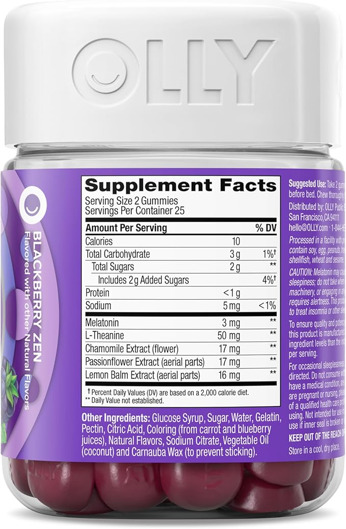OLLY Restful Sleep Gummy Supplement with Melatonin & L-Theanine Chamomile, Blackberry Zen, 50 Gummies (25 Day Supply) Supports a Healthy Sleep Cycle* (Packaging May Vary)