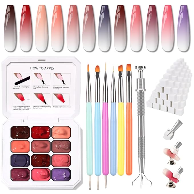 Christmas Gel Polish, 12 Colors Ombre Patting Gel Nail Polish Palette, 100 Sponges 6 Brushes 1Grabber, Blending Color Gradient Painting Nails Art, No Wipe, UV/LED Cured (Set 07)