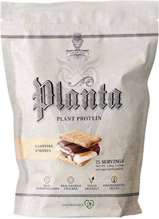 Ambrosia Planta - Premium Plant-Based Protein | Vegan & Keto Friendly | Gourmet Flavors with No Bloating or Stomach Upset | Gluten & Soy Free | No Added Sugar | 25 Servings | Campfire Smores