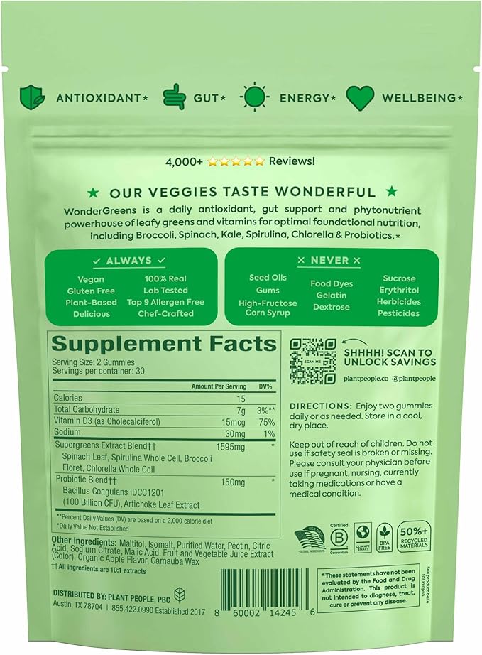 Plant People WonderGreens Veggie Gummies Super Greens with Probiotics Multivitamin Support Gummy for Wellbeing, Energy, Immune and Gut Health, Green Apple Flavor (60 Count)