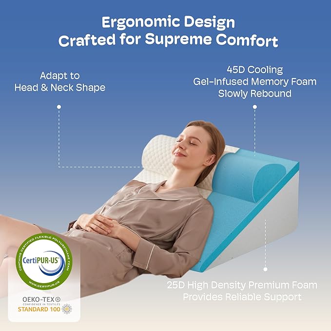 7.5" Bed Wedge Pillow for Sleeping with Headrest, Wedge Pillow Set for After Surgery Acid Reflux Back Pain Relief, Snoring & Gerd Memory Foam Triangle Incline Headboard Wedge Pillows