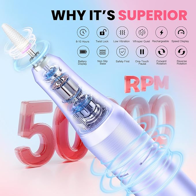 Professional Nail Drill, 50000RPM High-Performance Rechargeable Electric Nail File for Fast Acrylic/Gel Removal & Shaping, E File with Bits & Anti-Slip Pad for Home & Salon Use, Perfect Gift