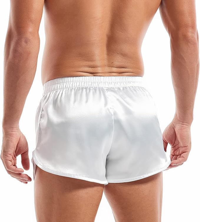 AMY COULEE Mens Satin Shorts Silk Boxers Sexy Split Side Lounge Shorts 3 Inch Pajama bottoms