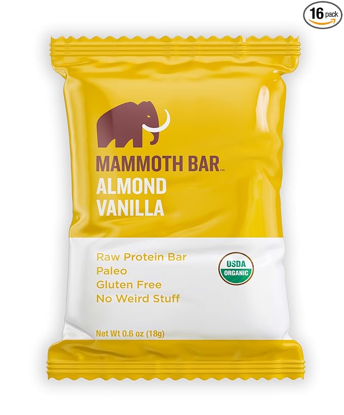 Mammoth Bar Almond Vanilla Mini Bar - Mini Organic Snack Bar Packed with 4g Protein. Made with Premium Almond, Dates & Egg White Protein. Paleo • Gluten Free • Raw - 16 Mini Bars