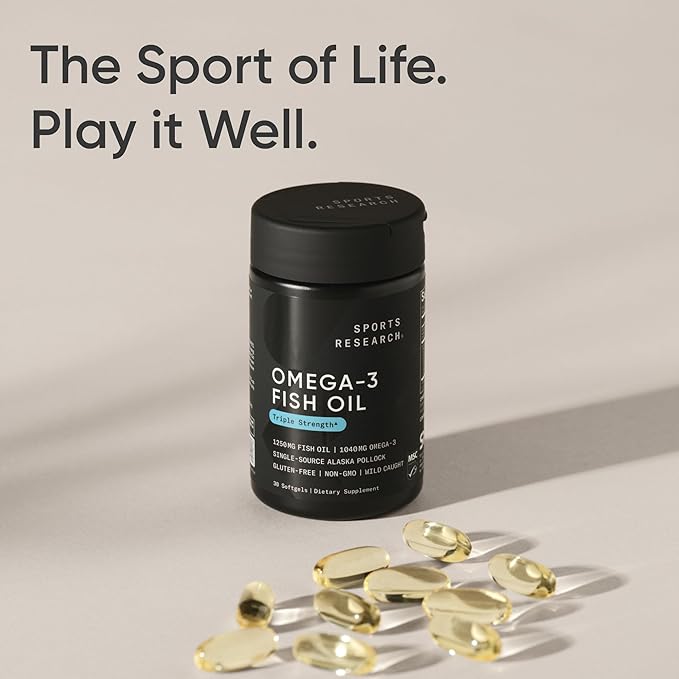 Sports Research® Omega-3 Fish Oil 1250 - Triple Strength Fish Oil Supplement from Wild Alaska Pollock - MSC Certified Sustainable · Non-GMO · Soy Free - 30 Softgel Capsules
