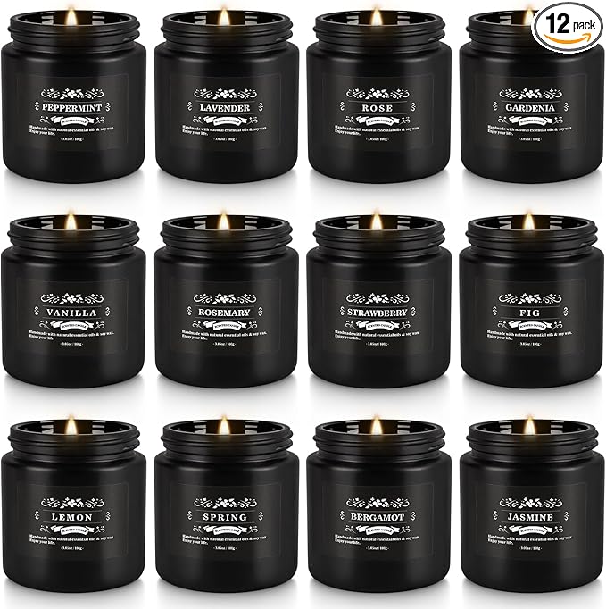 12PCs Black Scented Candles - Aromatherapy Candle Set, Soy Wax Candle for Home Camping & Garden, Christmas Gifts for Men or Women Indoor Outdoor, 3.05 Ounce Each