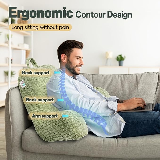 21" Higher Large Reading Pillow for Bed Adult, Back Pillow for Bed Sitting Up with Memory Foam Back Support with Arms Rest for Couch Chair Green