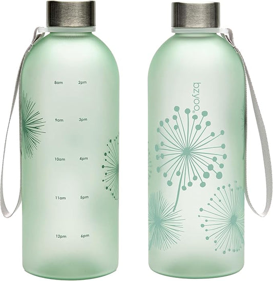 bzyoo 32oz 1 Liter Clear Water Bottle with Time Marker, Dandelion Design, Durable Plastic, BPA-Free, Reusable with Measurement Markings for Fitness and Outdoor Activities (Color: Green)